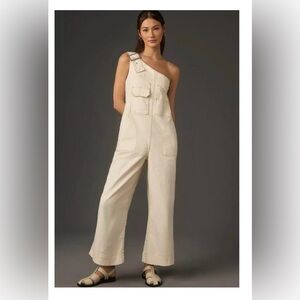 Anthropologie One-Shoulder Cream Utility Jumpsuit with Buckle Detail